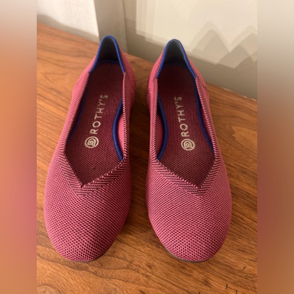 Rothy's Wine Pink Flats with Blue Trim